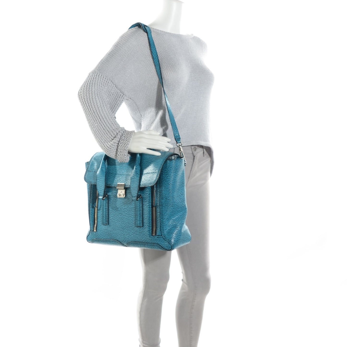 3.1 Textured Calfskin Large Pashli Satchel Turquoise Black