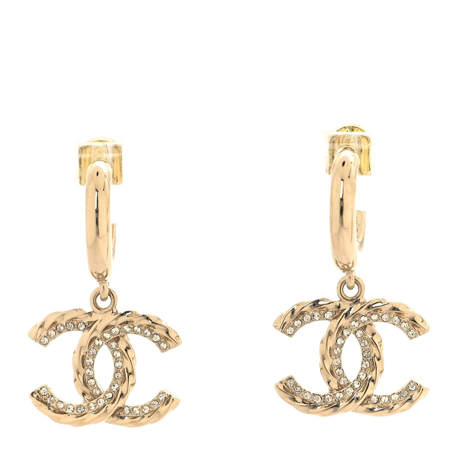 Chanel Metal Crystal CC Hoop Drop Earrings Gold 1 of 5