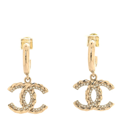 Chanel Metal Crystal CC Hoop Drop Earrings Gold 1 of 5