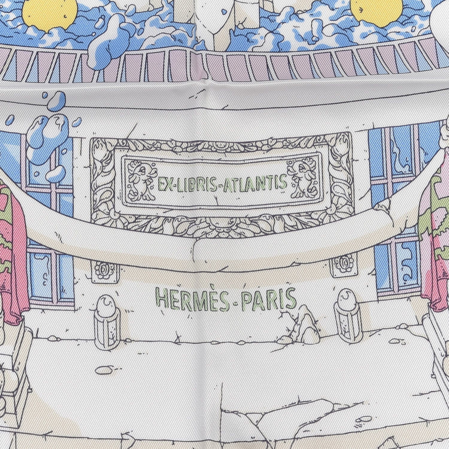 Hermes Vintage Silk Ex Libris Atlantis Scarf 70 Bleu Ciel Rose Jaune 2 of 4