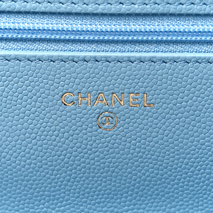 Chanel Caviar Quilted Crystal CC Wallet On Chain WOC Light Blue 6 of 12