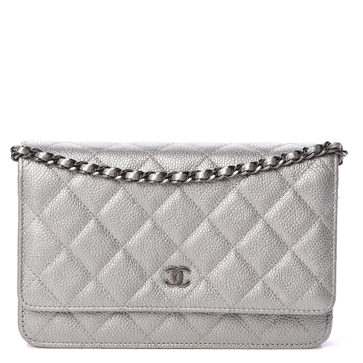 Metallic Caviar Quilted Wallet on Chain WOC Silver