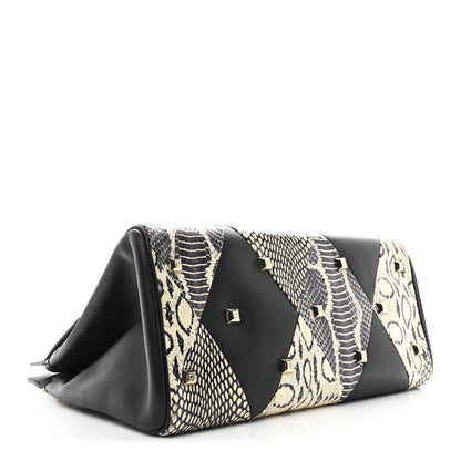 Salvatore Ferragamo Calfskin Snakeskin Gancini Large Studio Bag Black Beige 5 of 14