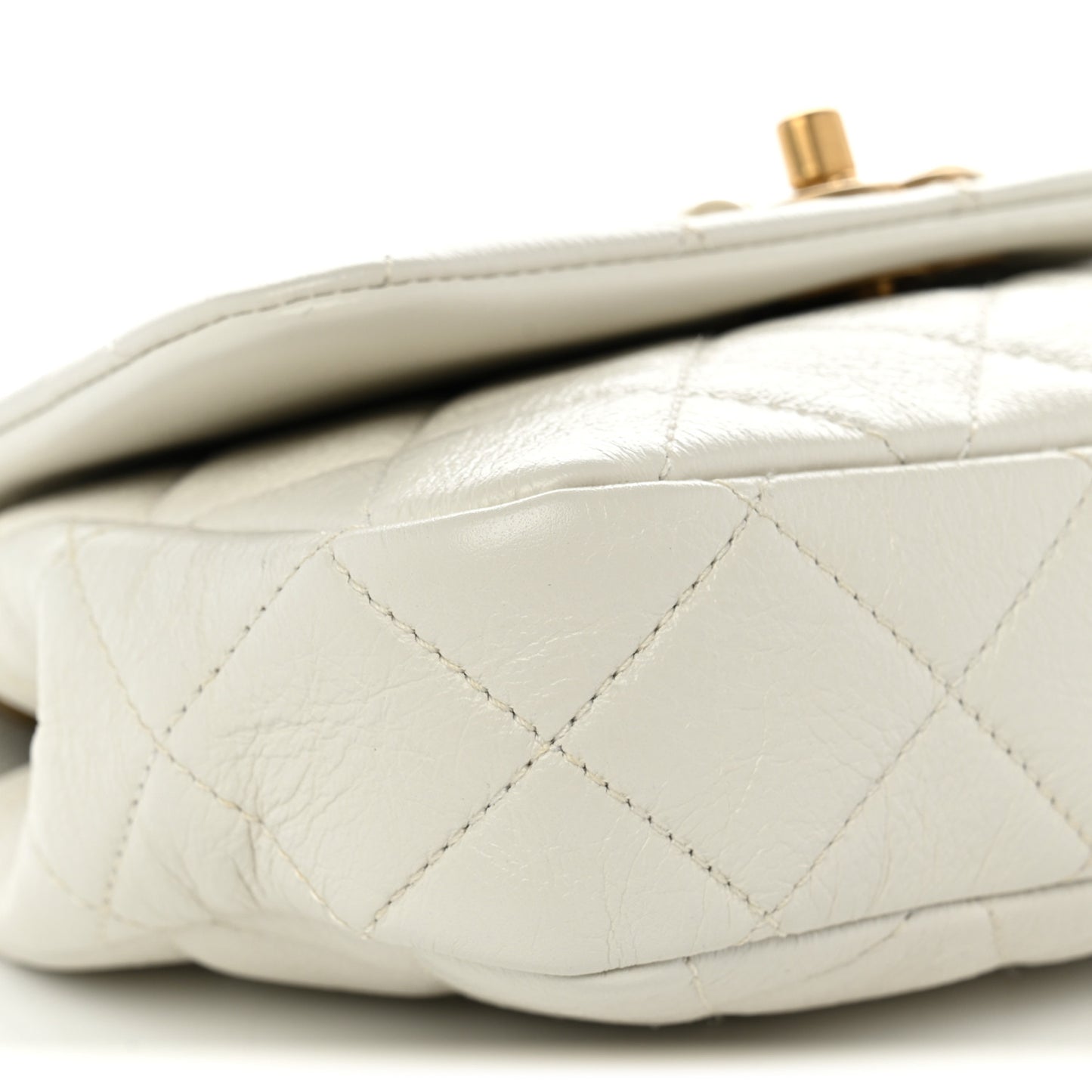 Glazed Calfskin Quilted Mini Pearl Side Flap White