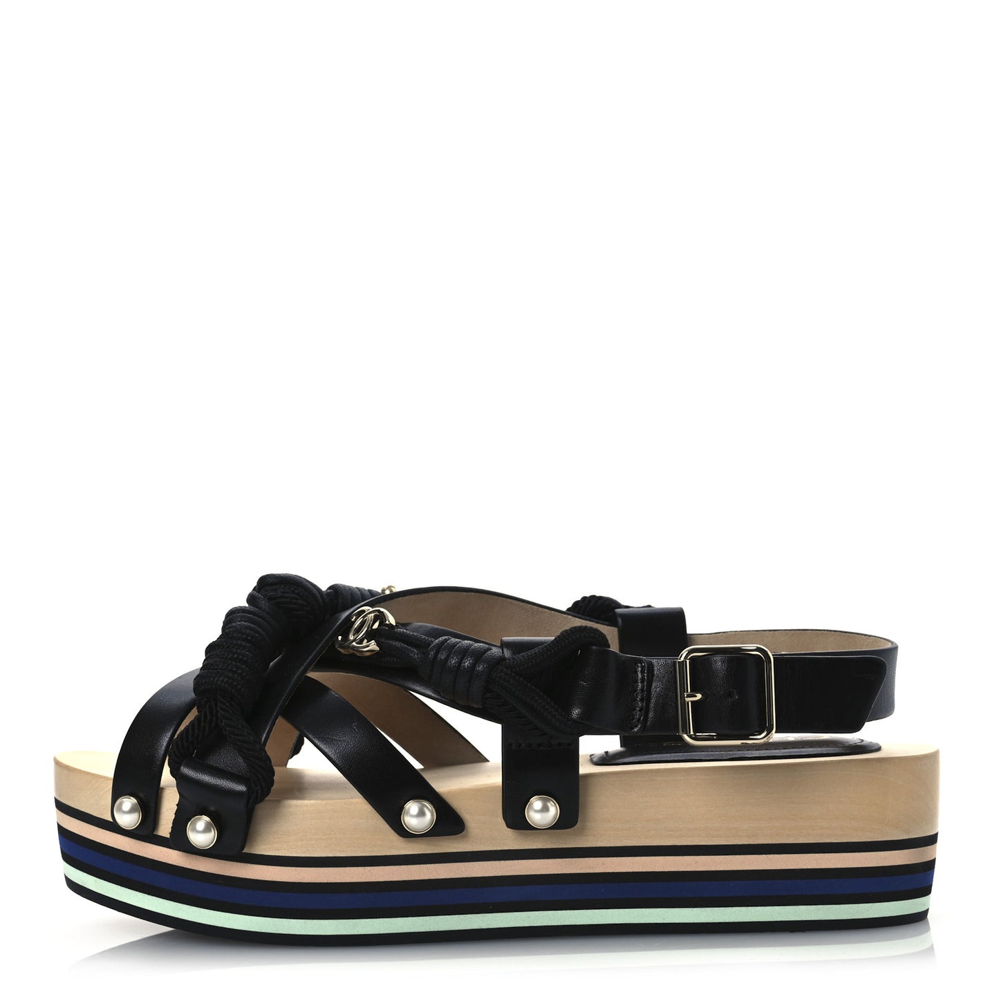 Calfskin Cord Pearl CC Sandals 38 Black