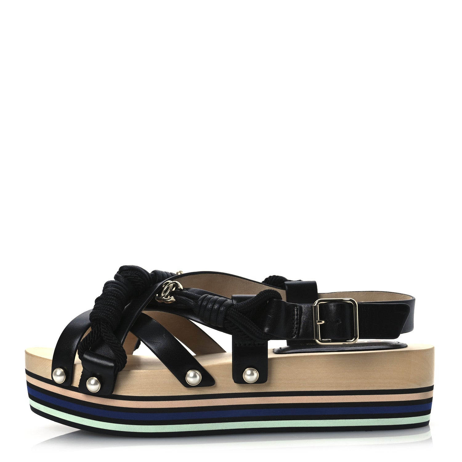 Chanel Calfskin Cord Pearl CC Sandals 38 Black 1 of 11