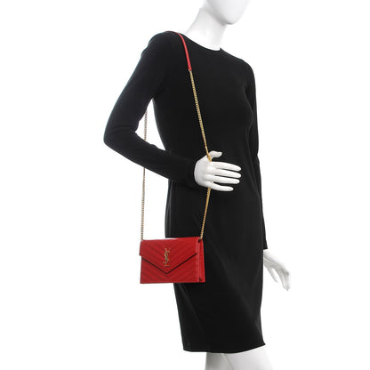 Saint Laurent Grain De Poudre Matelasse Chevron Monogram Envelope Chain Wallet New Red 2 of 9