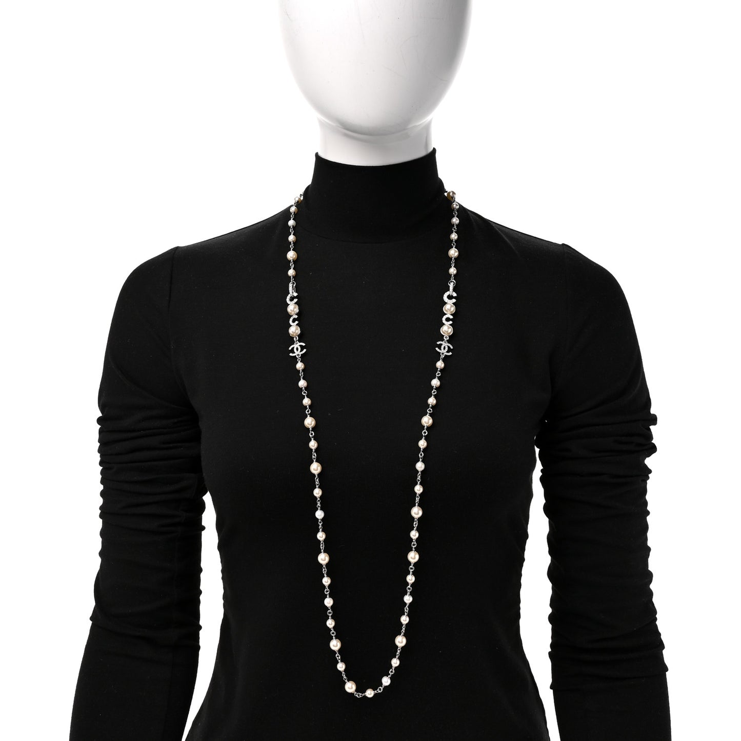 Metal Crystal Pearl Coco CC Necklace Silver
