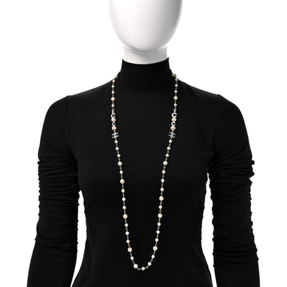 Chanel Metal Crystal Pearl Coco CC Necklace Silver 2 of 5