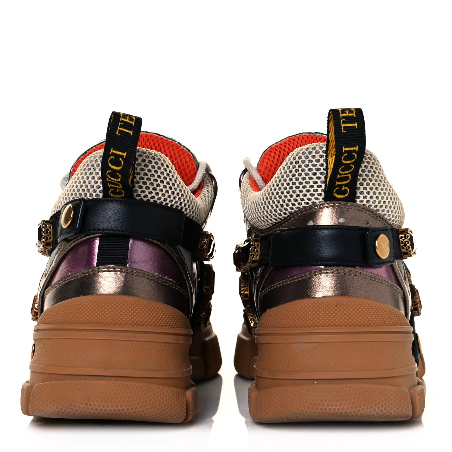Gucci X SEGA Metallic Calfskin Mesh Removable Crystals Womens Flashtrek Sneakers 39.5 Rame Mystic White Lago 5 of 10