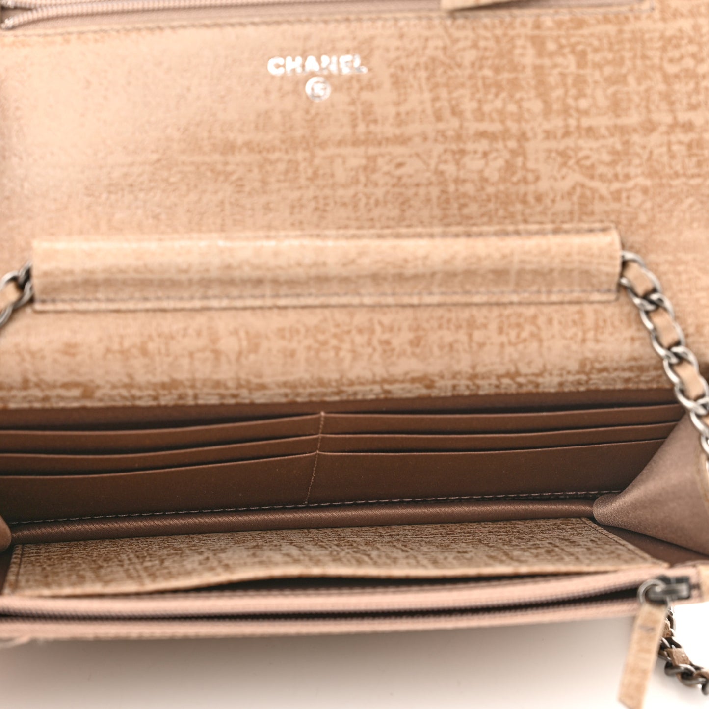 Crackled Coated Fabric Quilted Wallet On Chain WOC Beige