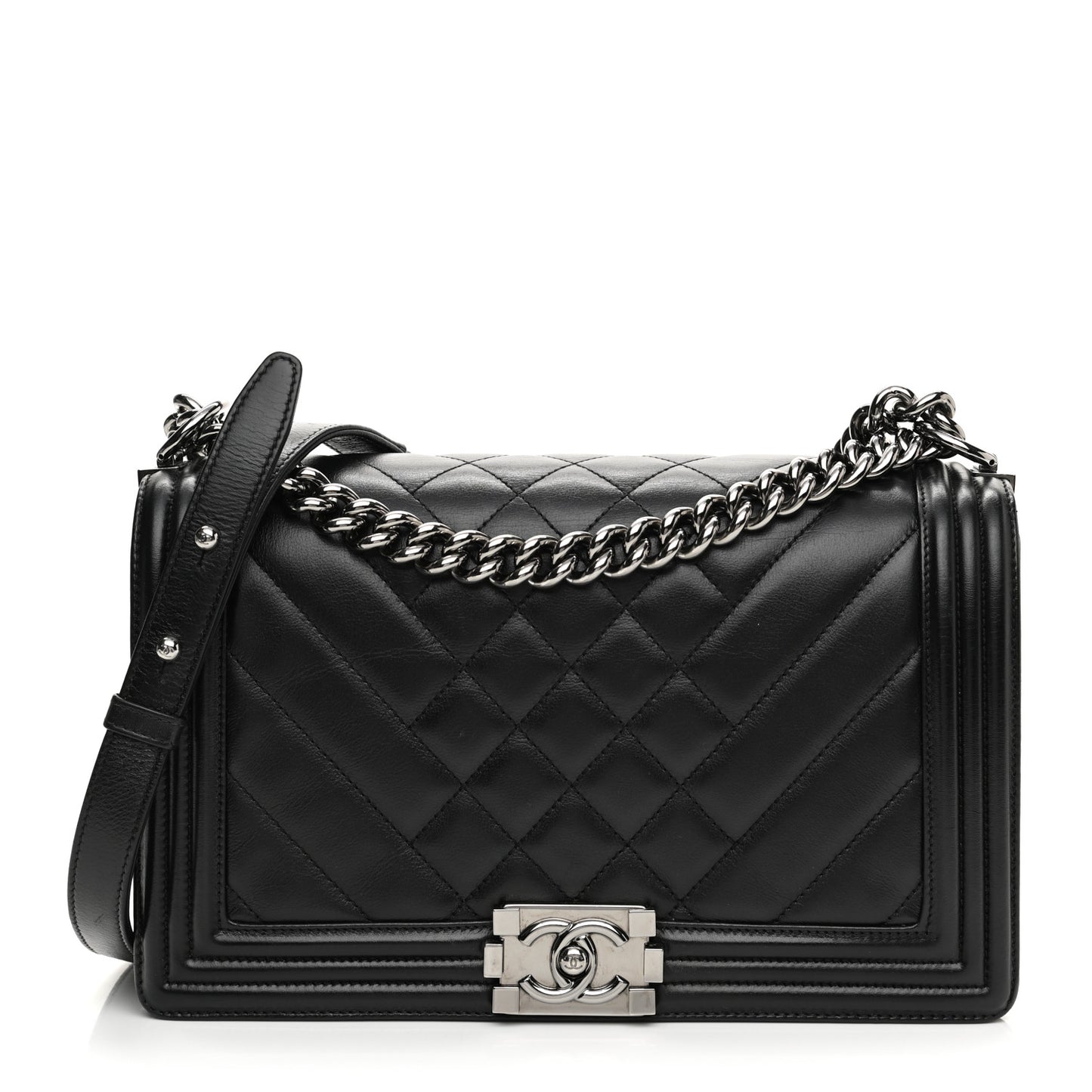 Calfskin Chevron Quilted Medium Boy Flap Black