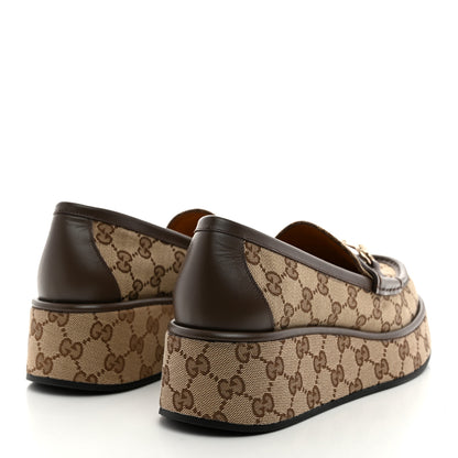 Gucci Monogram Horsebit Calfskin Womens Horsebit Wedge Platform Loafers 40 Beige Ebony 4 of 8