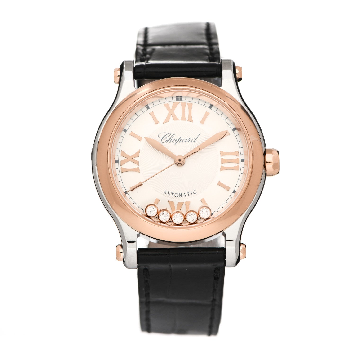 Chopard Stainless Steel 18K Rose Gold Alligator 5 Diamond 30mm Happy Sport Automatic Watch 1 of 5