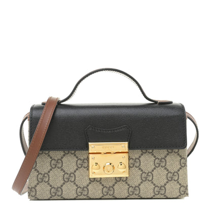 Gucci GG Supreme Monogram Calfskin Mini Padlock Top Handle Shoulder Bag Beige Black Cuir 1 of 10