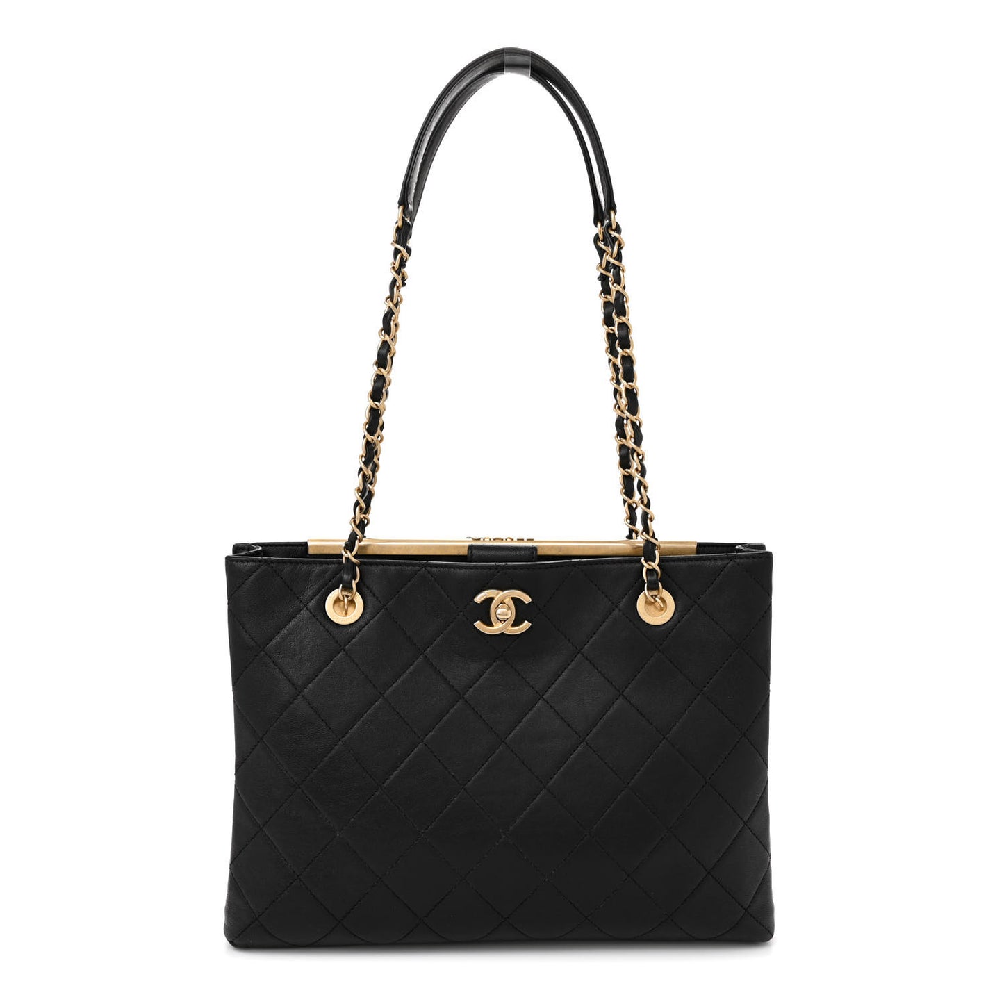 Lambskin Quilted Signature Plate Large Shopping Tote Black