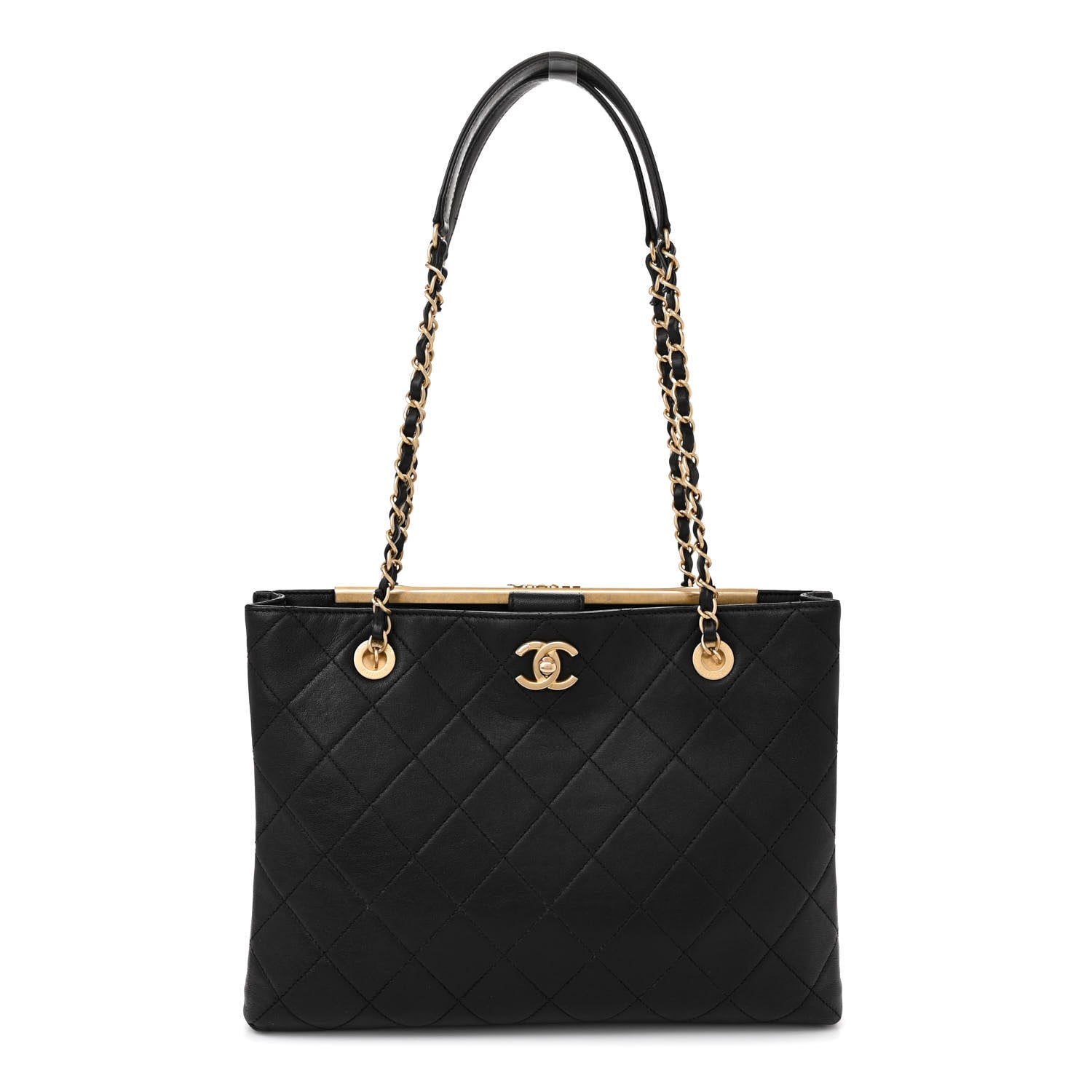 Chanel Lambskin Quilted Signature Plate Large Shopping Tote Black 1 of 10