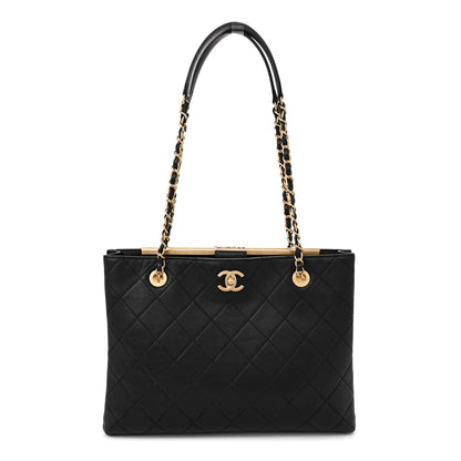 Chanel Lambskin Quilted Signature Plate Large Shopping Tote Black 1 of 10