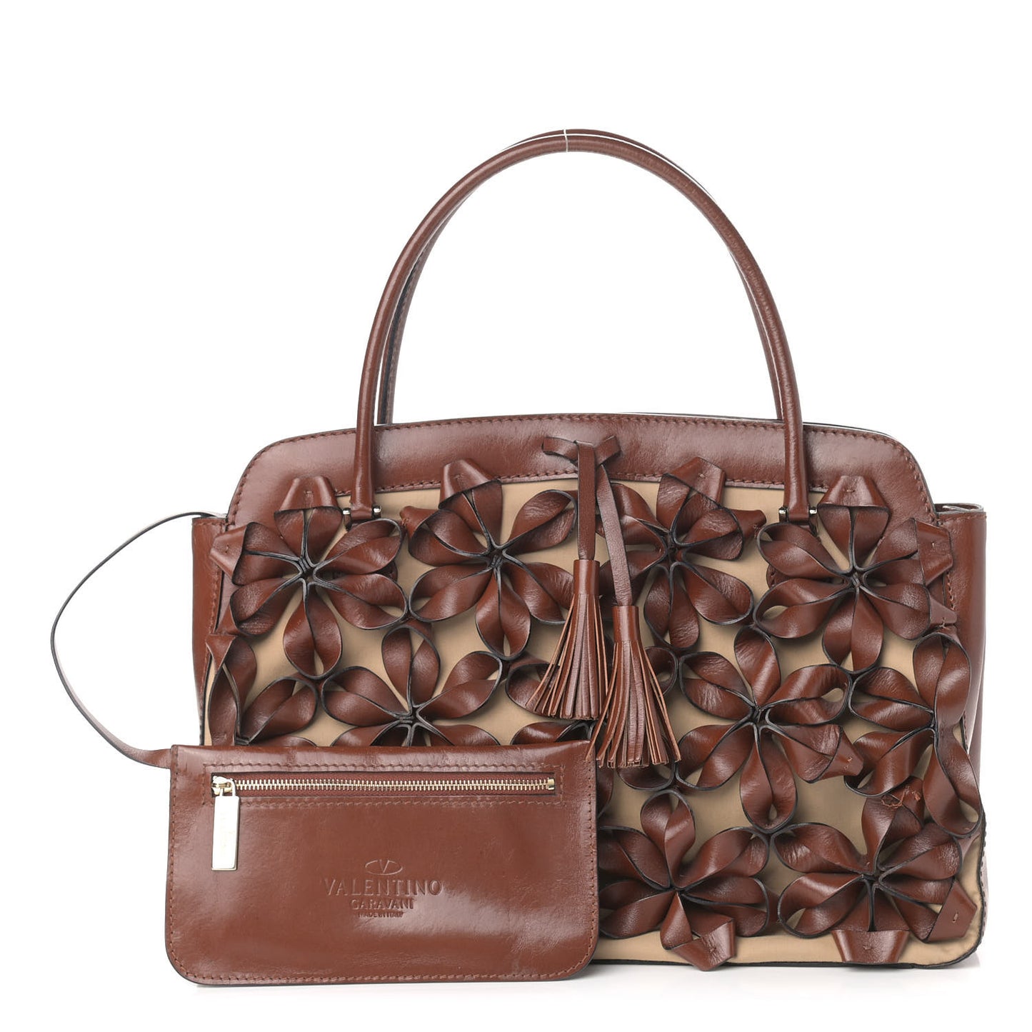Calfskin Floral Applique Tote Brown
