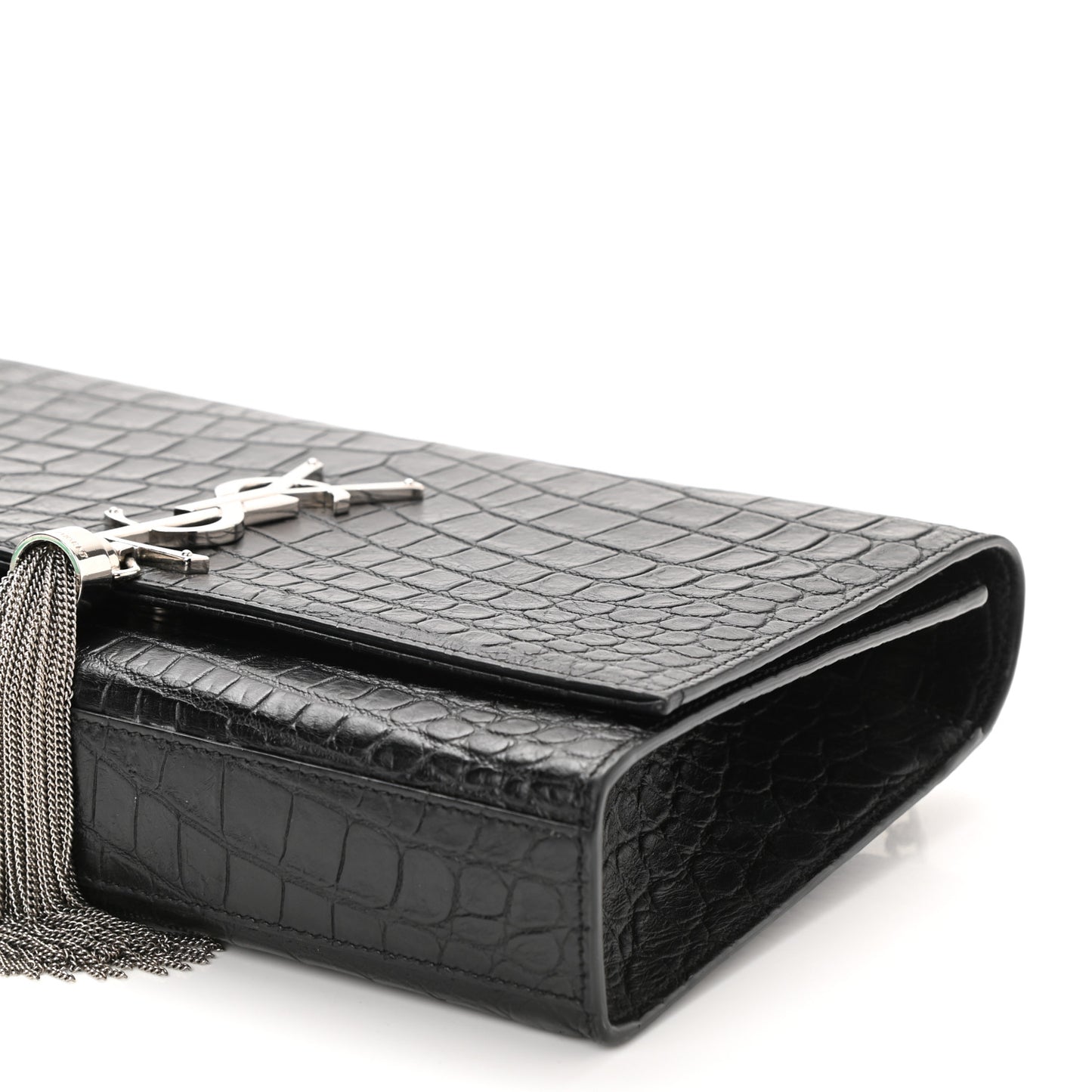 Calfskin Crocodile Embossed Medium Classic Monogram Kate Tassel Satchel Black