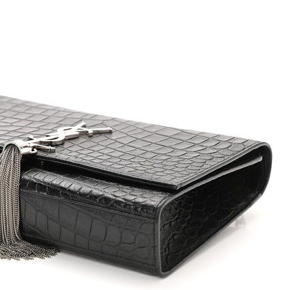 Saint Laurent Calfskin Crocodile Embossed Medium Classic Monogram Kate Tassel Satchel Black 8 of 9