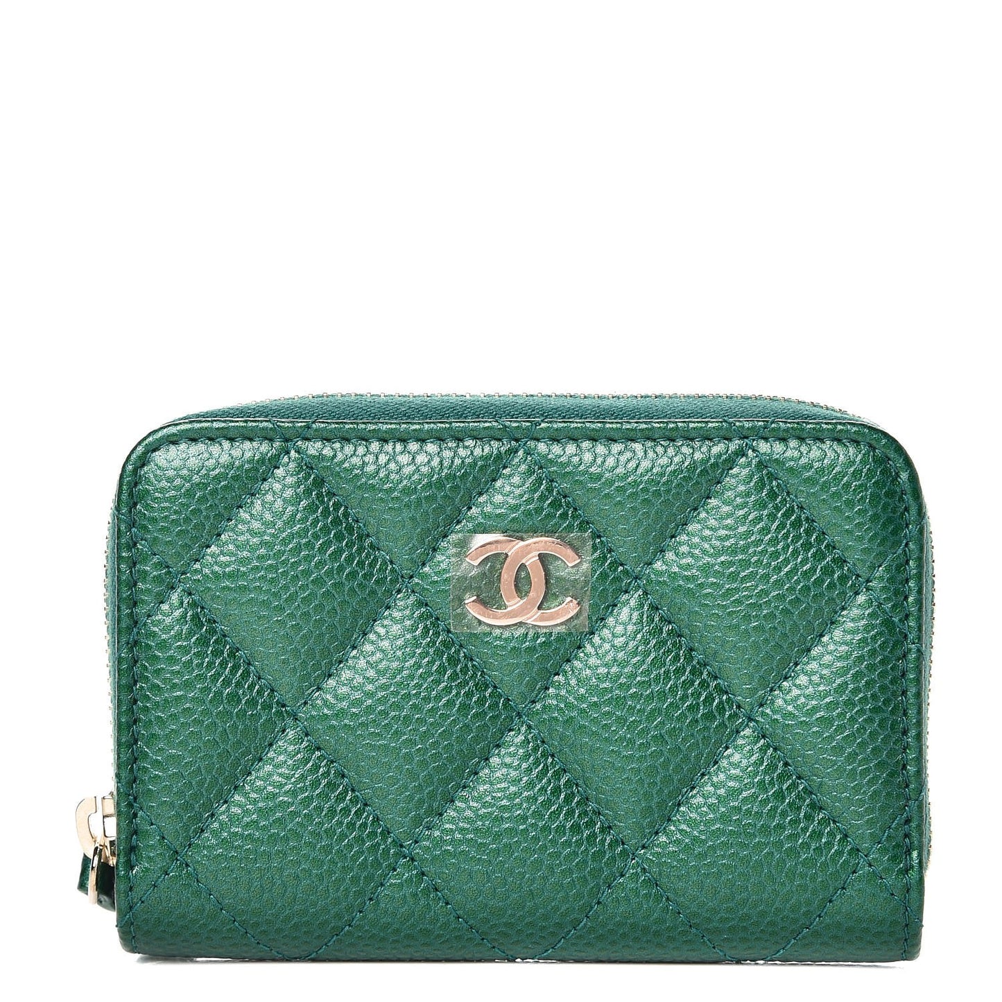 Metallic Caviar Quilted Zip Coin Purse Green