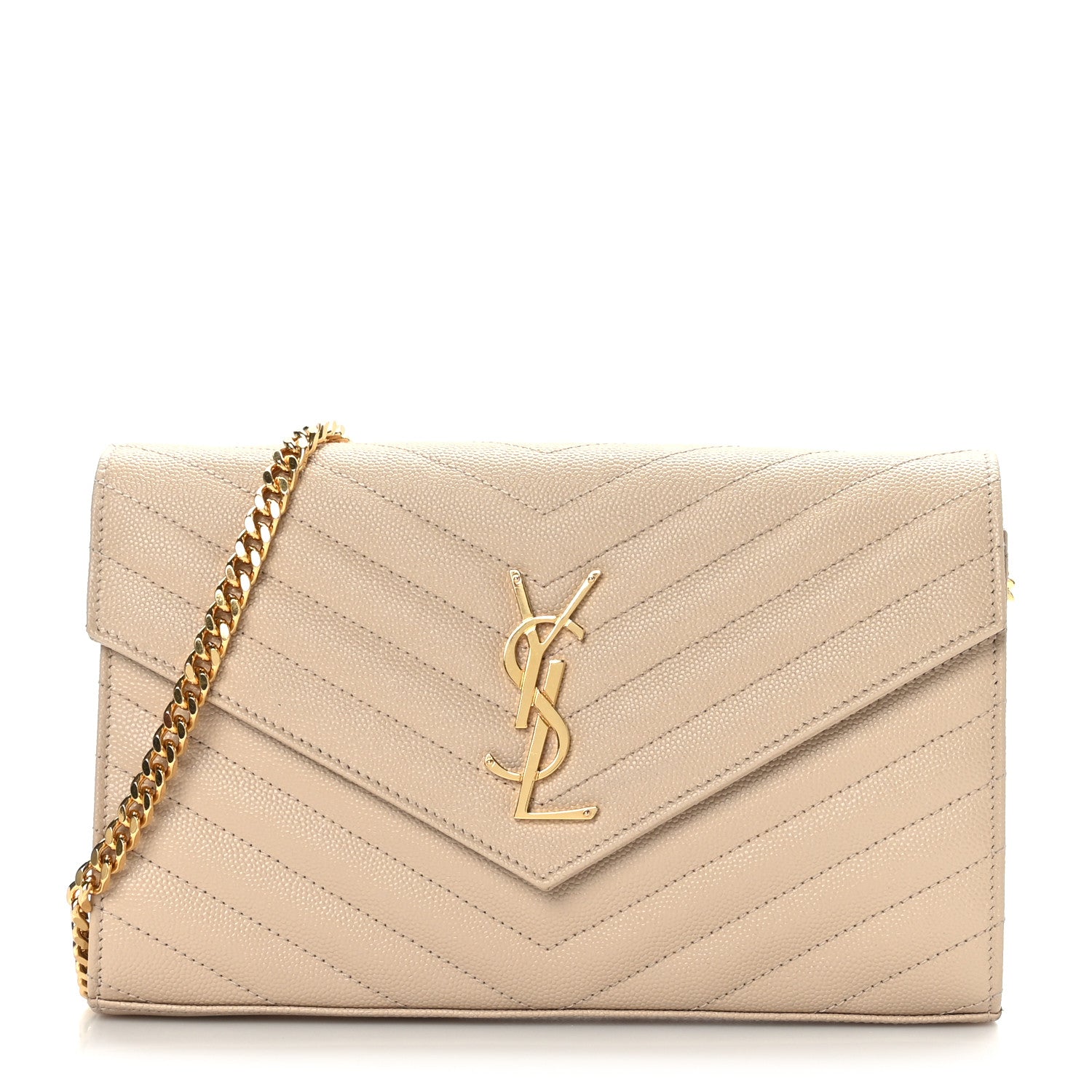 Saint Laurent Grain De Poudre Matelasse Chevron Monogram Chain Wallet Dark Beige 1 of 9