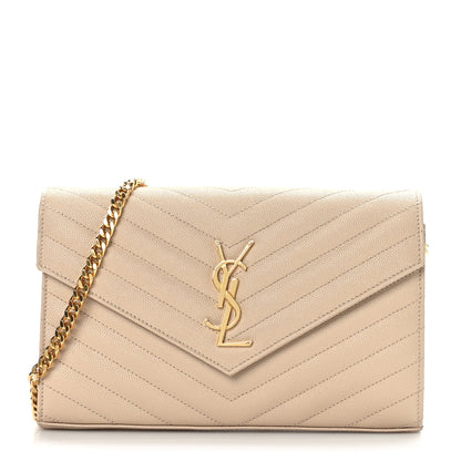 Saint Laurent Grain De Poudre Matelasse Chevron Monogram Chain Wallet Dark Beige 1 of 9