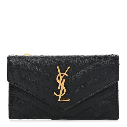 Saint Laurent Grain De Poudre Matelasse Chevron Monogram Compact Wallet Black 1 of 9