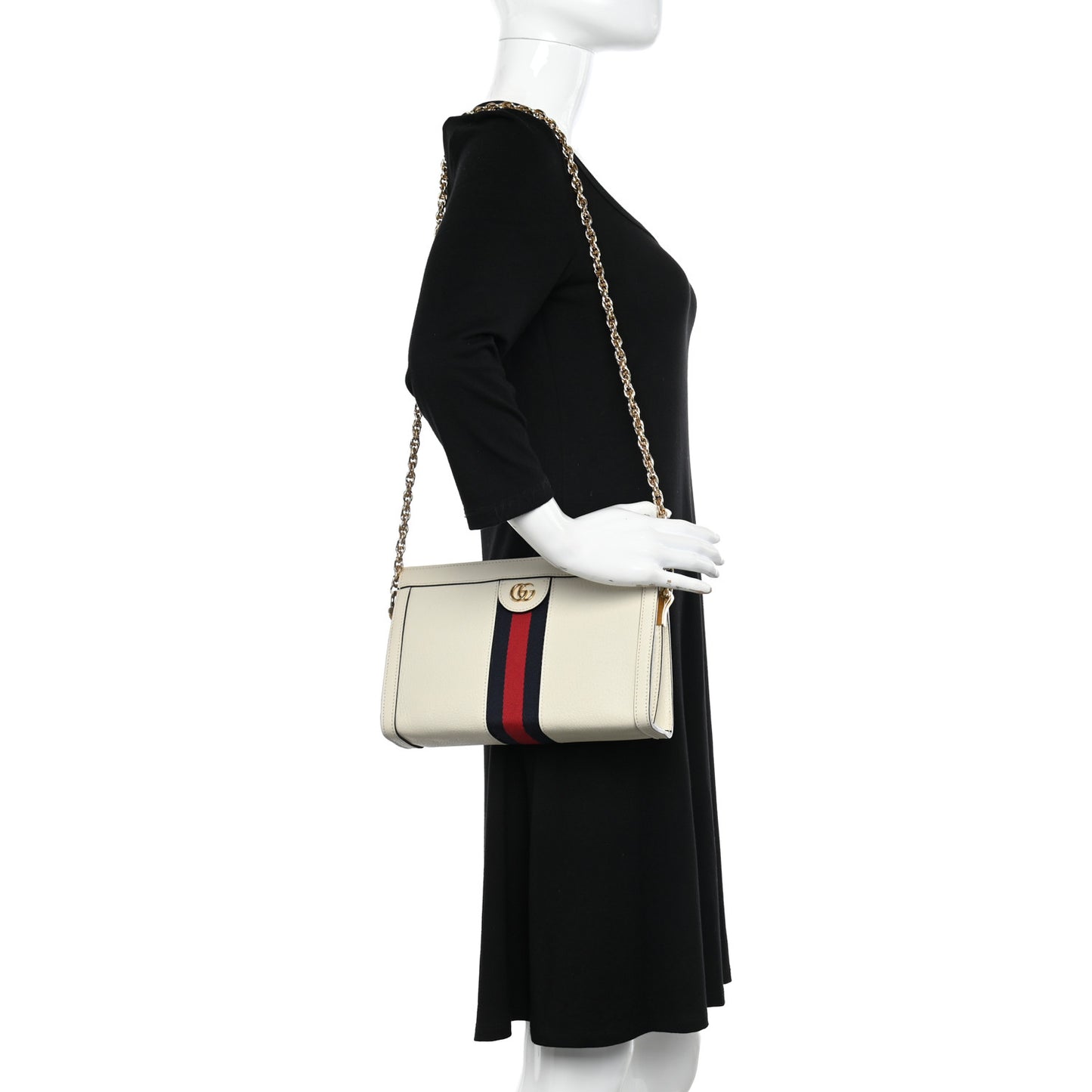 Textured Calfskin Web Small Ophidia Chain Shoulder Bag Mystic White