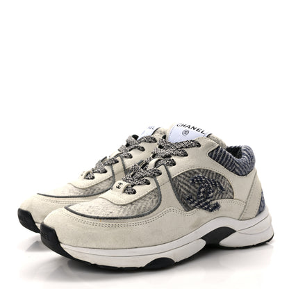 Chanel Fabric Suede Calfskin Womens CC Sneakers 37 Ivory Light Gray White Blue 3 of 11