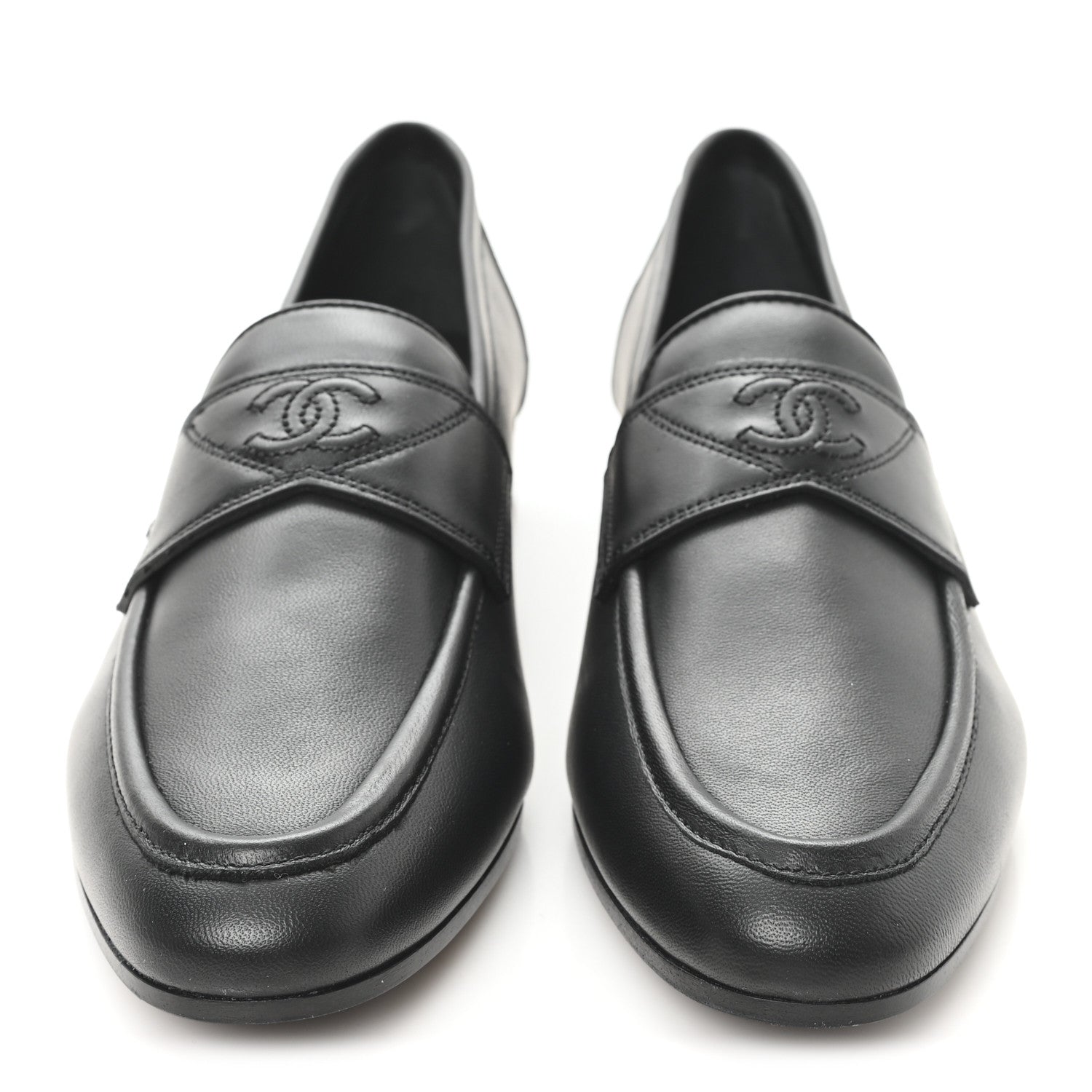 Chanel Calfskin Womens Stitched CC Loafers 38 Black 3 of 10