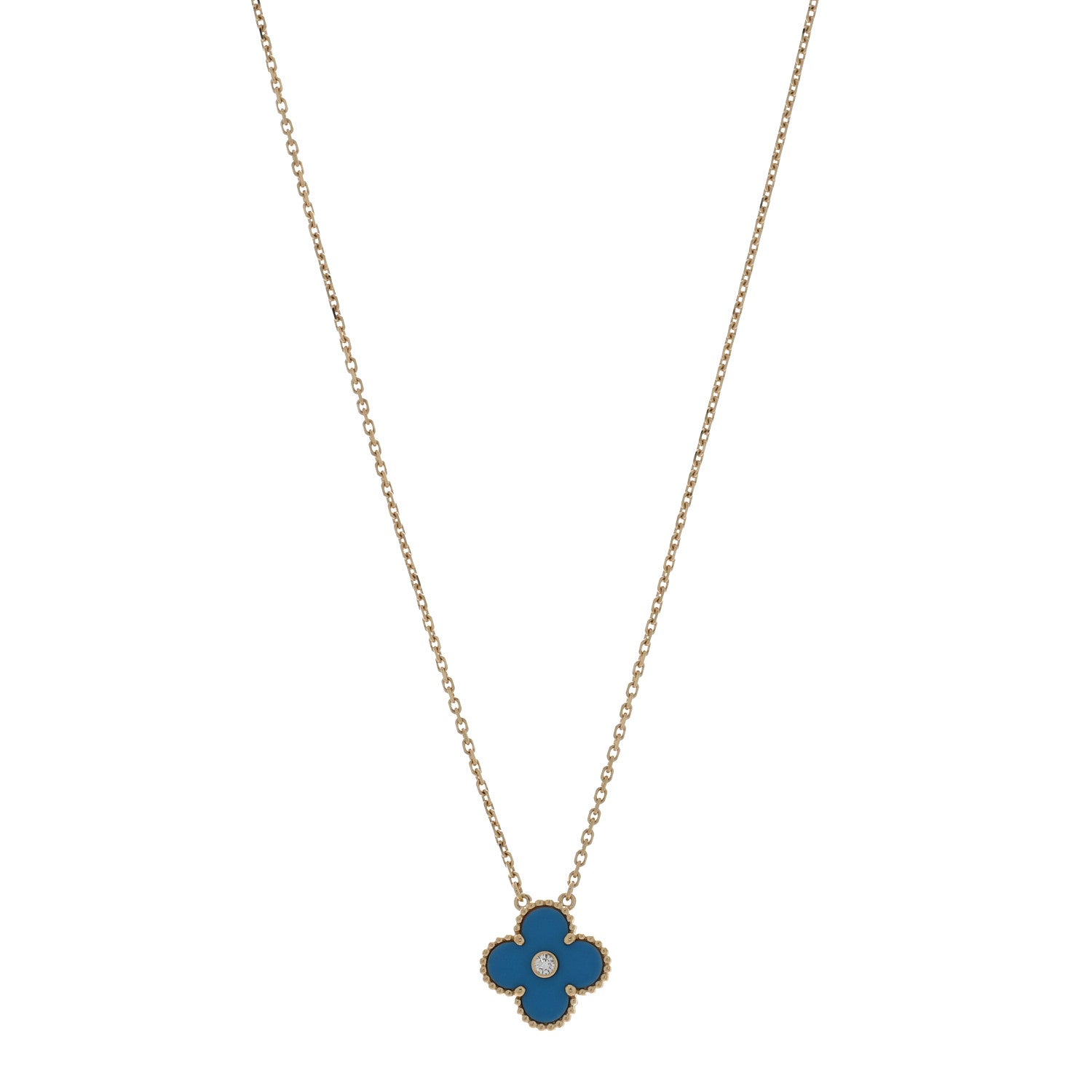 Van Cleef & Arpels 18K Yellow Gold Diamond Celestial Blue Sevres Porcelain Vintage Alhambra Pendant Necklace 1 of 4