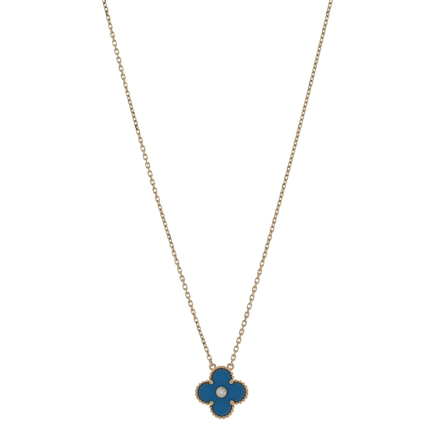 18K Yellow Gold Diamond Celestial Blue Sevres Porcelain Vintage Alhambra Pendant Necklace