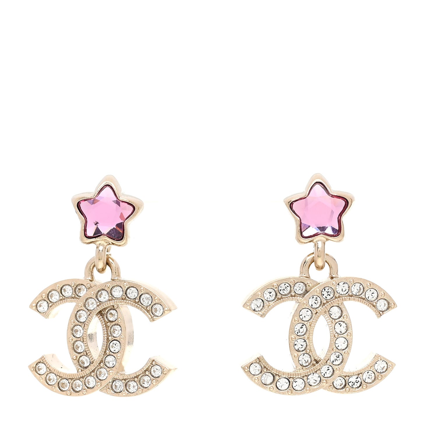 Metal Crystal CC Star Drop Earrings Gold Pink