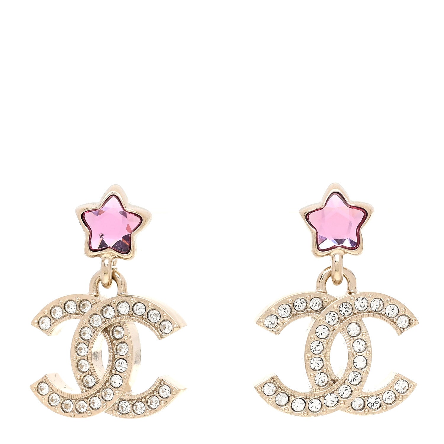 Chanel Metal Crystal CC Star Drop Earrings Gold Pink 1 of 5