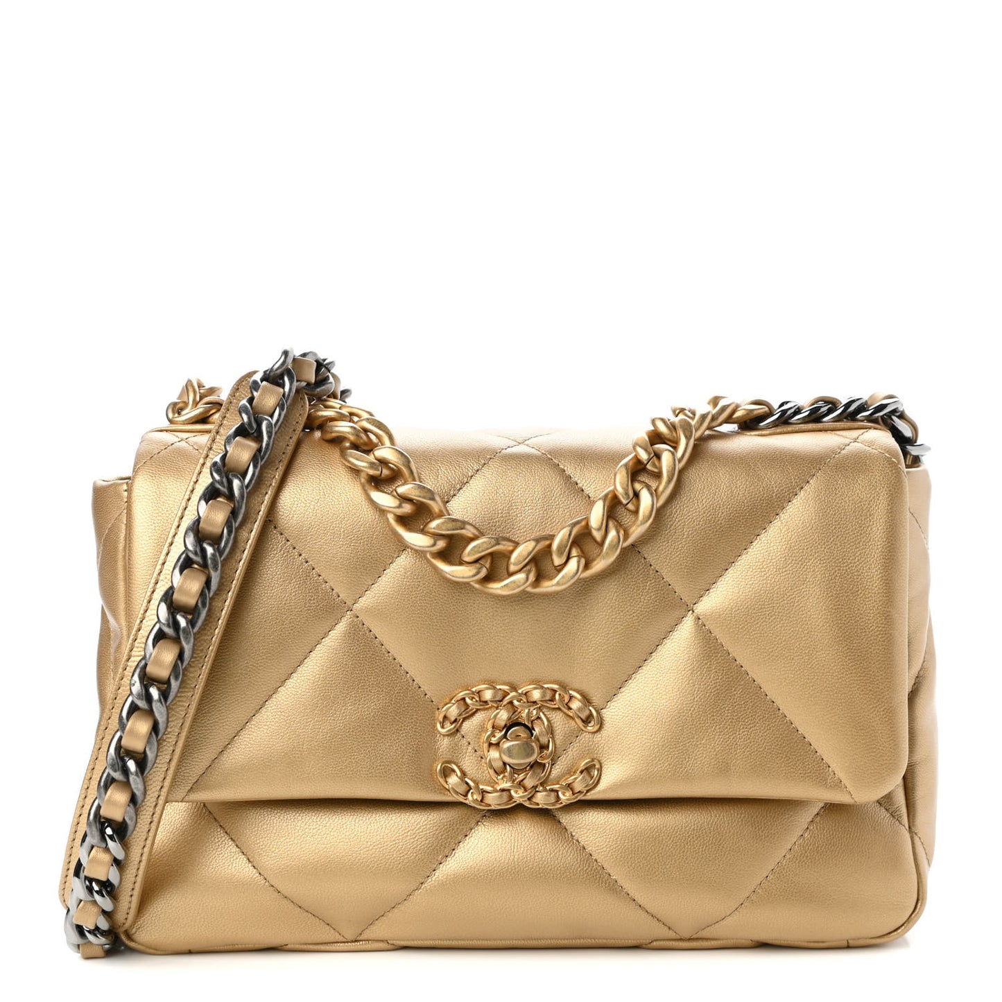 Metallic Goatskin Quilted Medium Chanel 19 Flap Gold