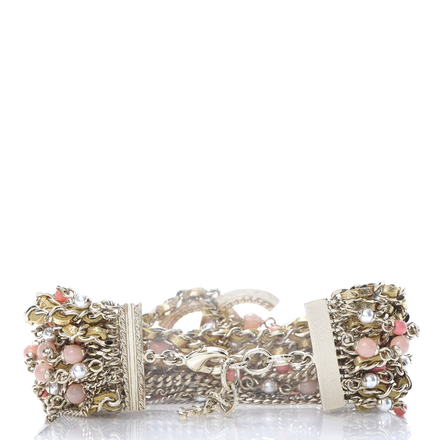 Chanel Crystal Pearl Resin Multistrand Chain CC Bracelet Gold Multicolor 3 of 4