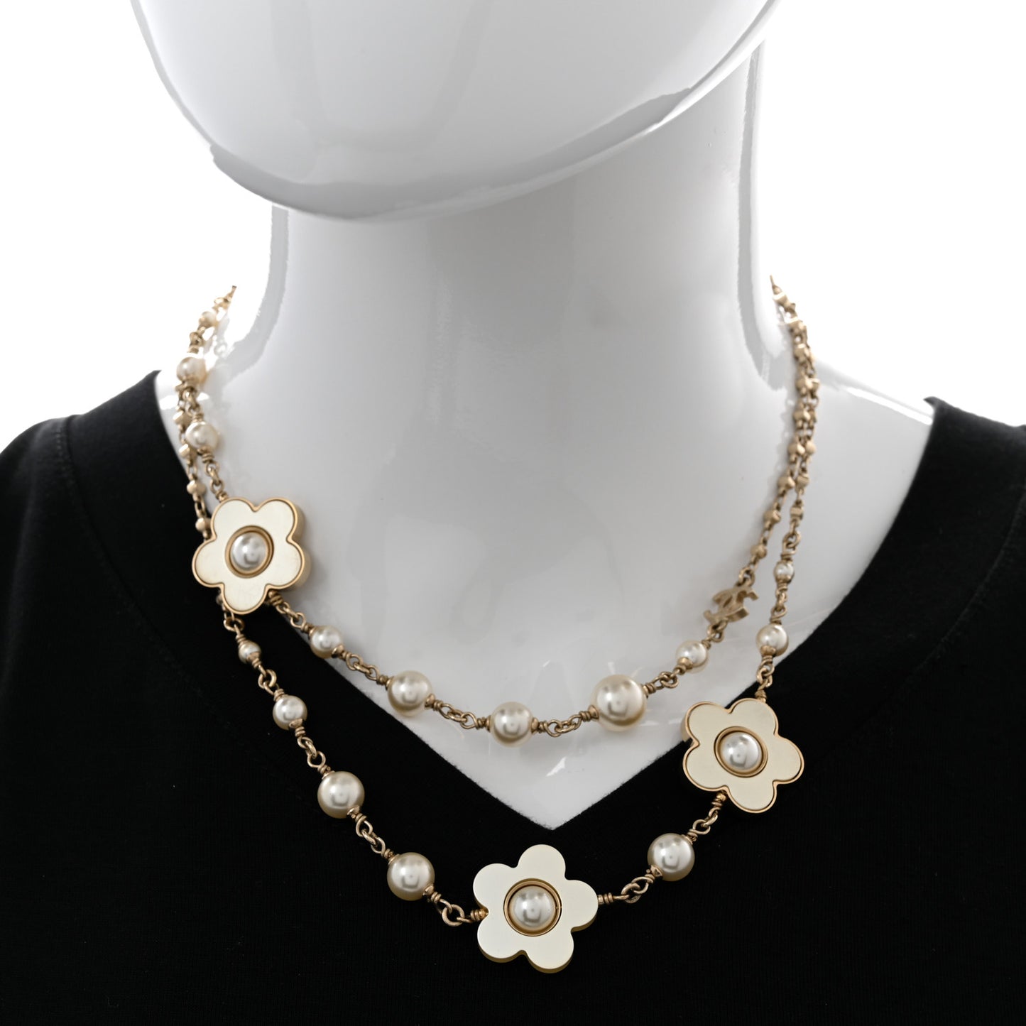 Pearl Bead CC Flower Necklace Gold
