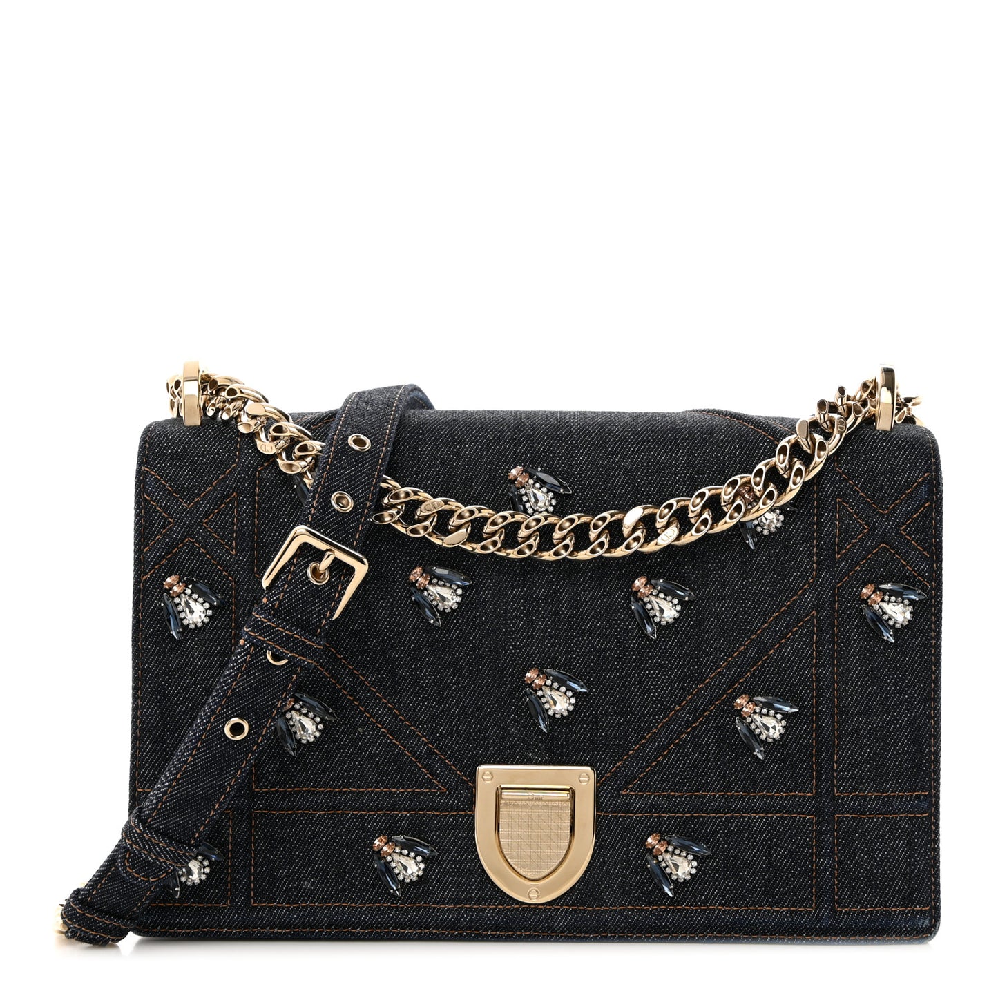 Denim Crystal Medium Diorama Flap Bag Blue