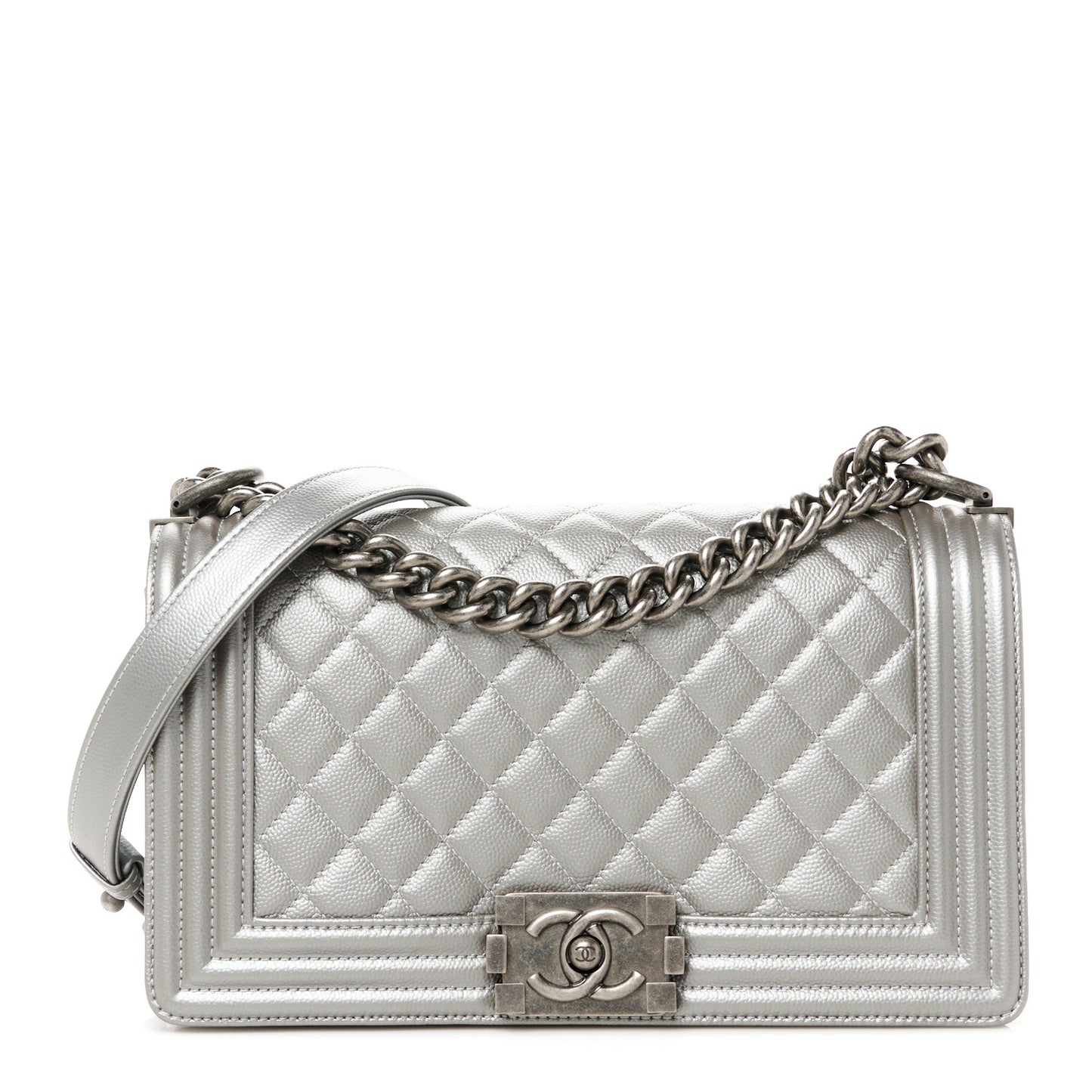 Metallic Caviar Quilted Medium Boy Flap Silver