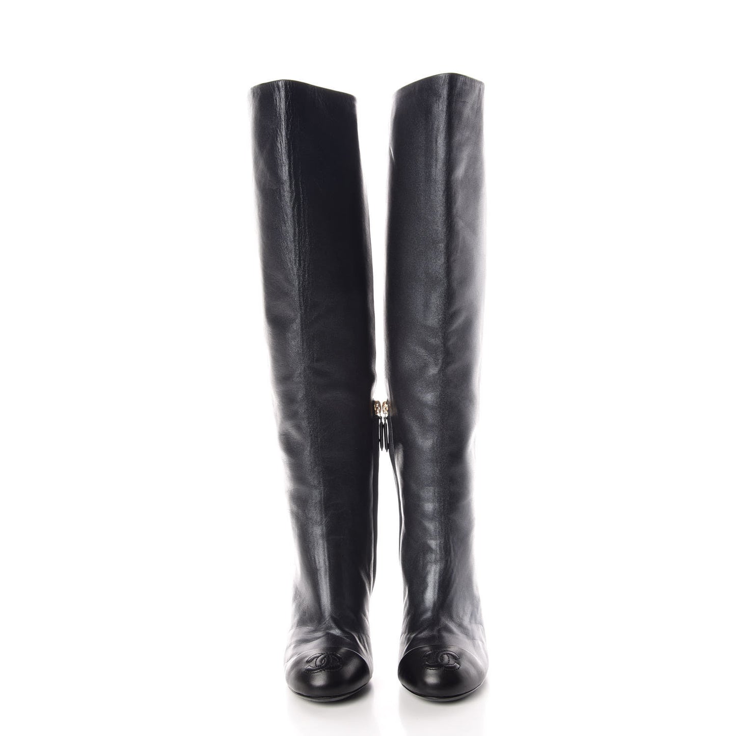 Lambskin CC Cap Toe High Boots 36 Pearly Black