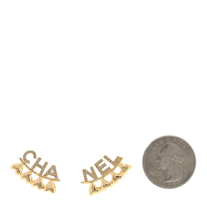 Chanel Crystal Heart Cha-Nel Logo Earrings Gold 2 of 4