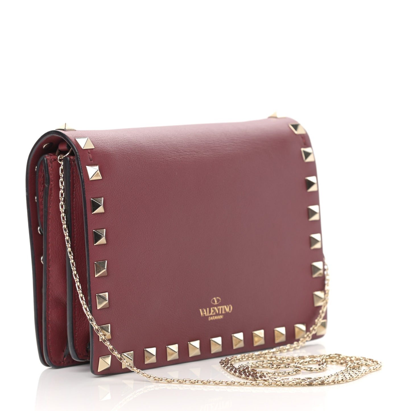 Calfskin Rockstud Wallet on Chain Camelia