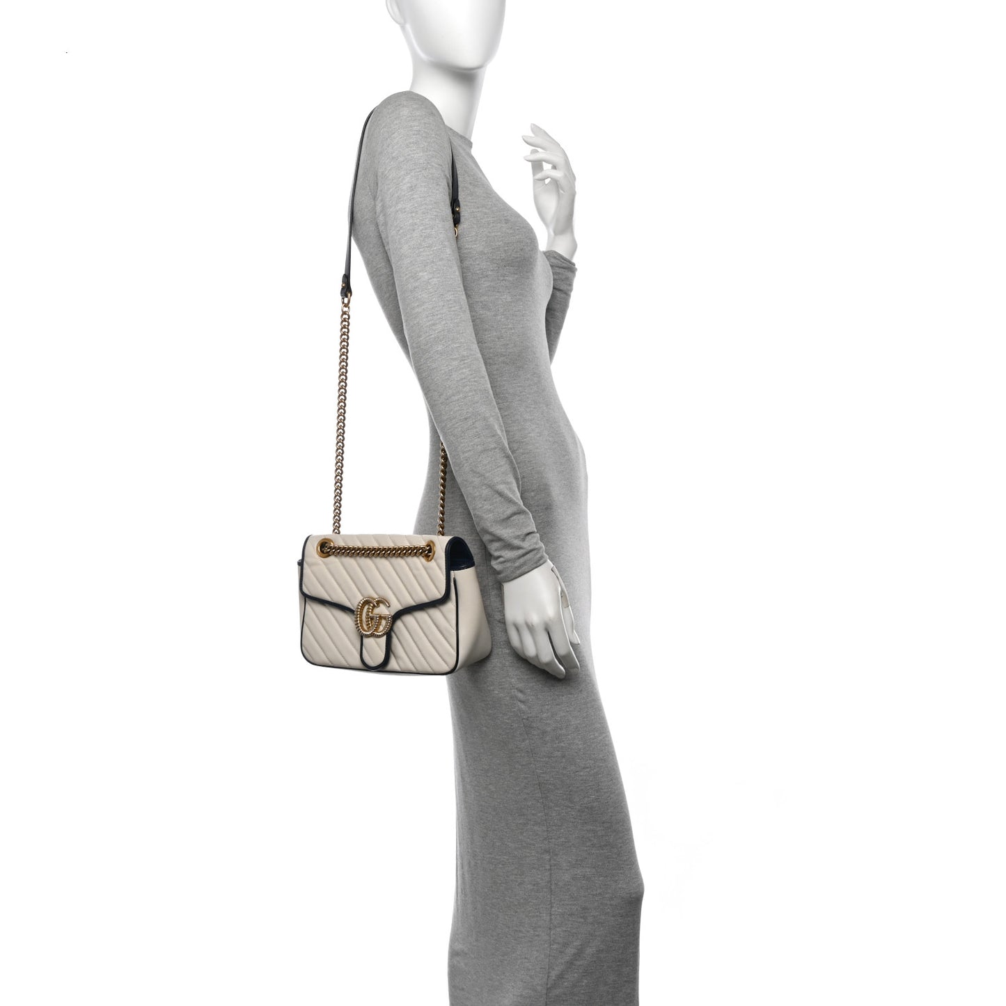 Vintage Effect Calfskin Matelasse Diagonal Small Torchon GG Marmont Shoulder Bag Mystic White Blue Agata