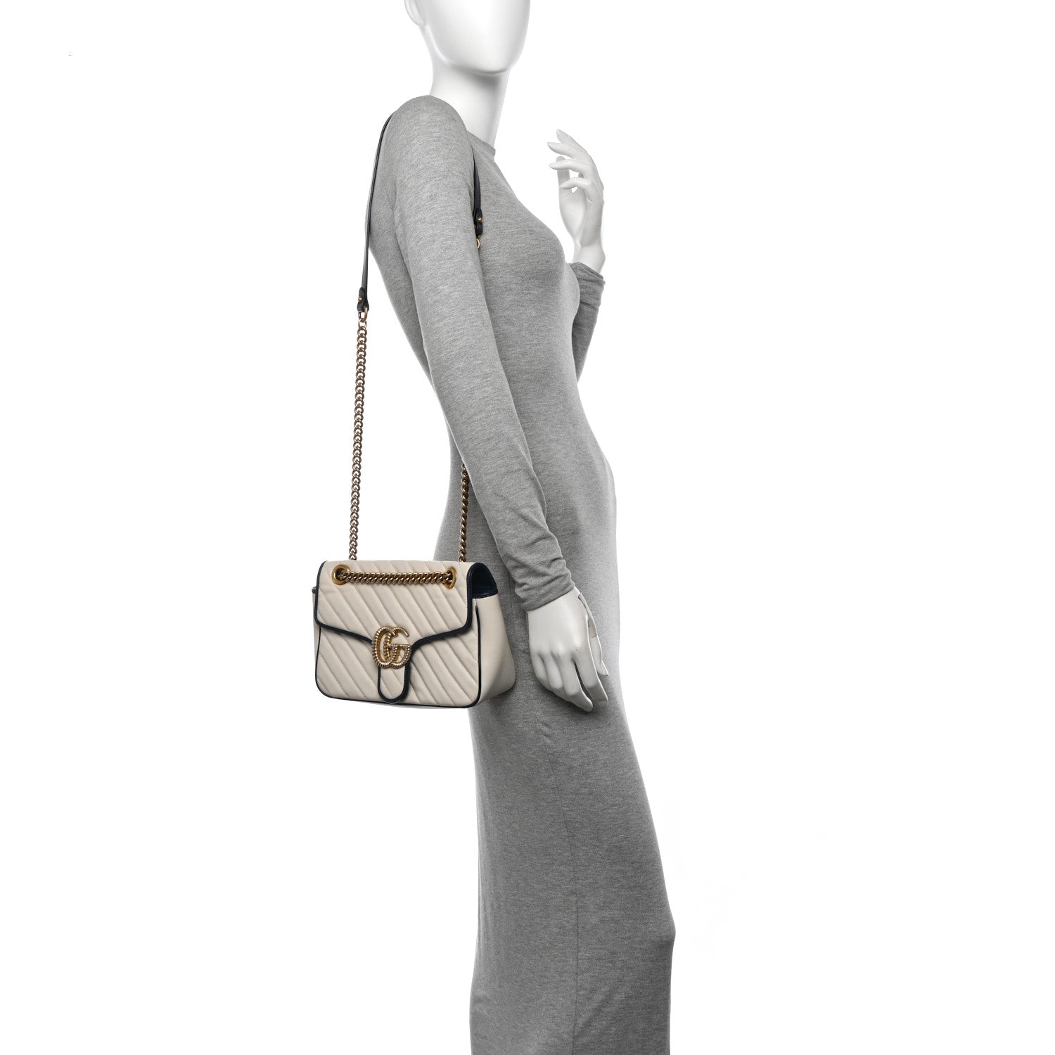Gucci Vintage Effect Calfskin Matelasse Diagonal Small Torchon GG Marmont Shoulder Bag Mystic White Blue Agata 2 of 13