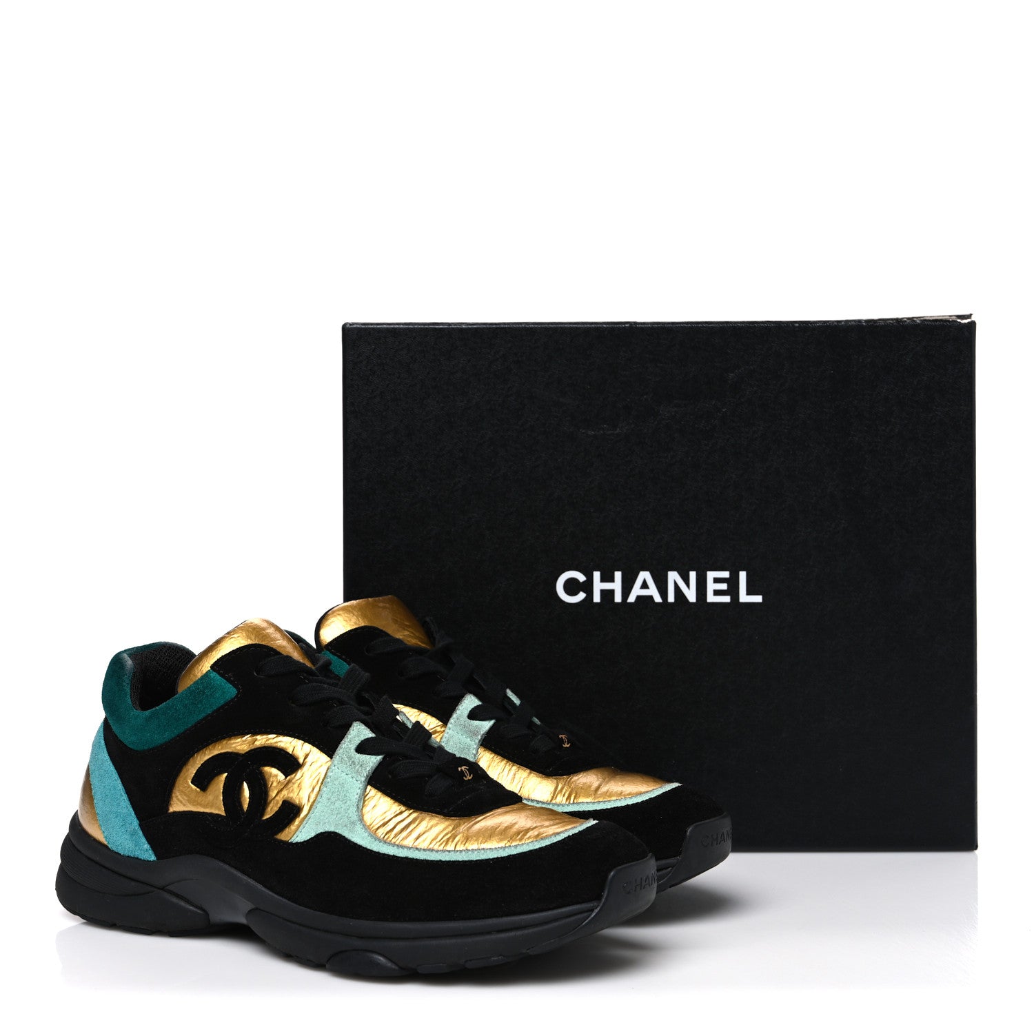 Chanel Fabric Calfskin Suede CC Womens Sneakers 39 Black Turquoise Gold 39 Black Turquoise Gold 10 of 10