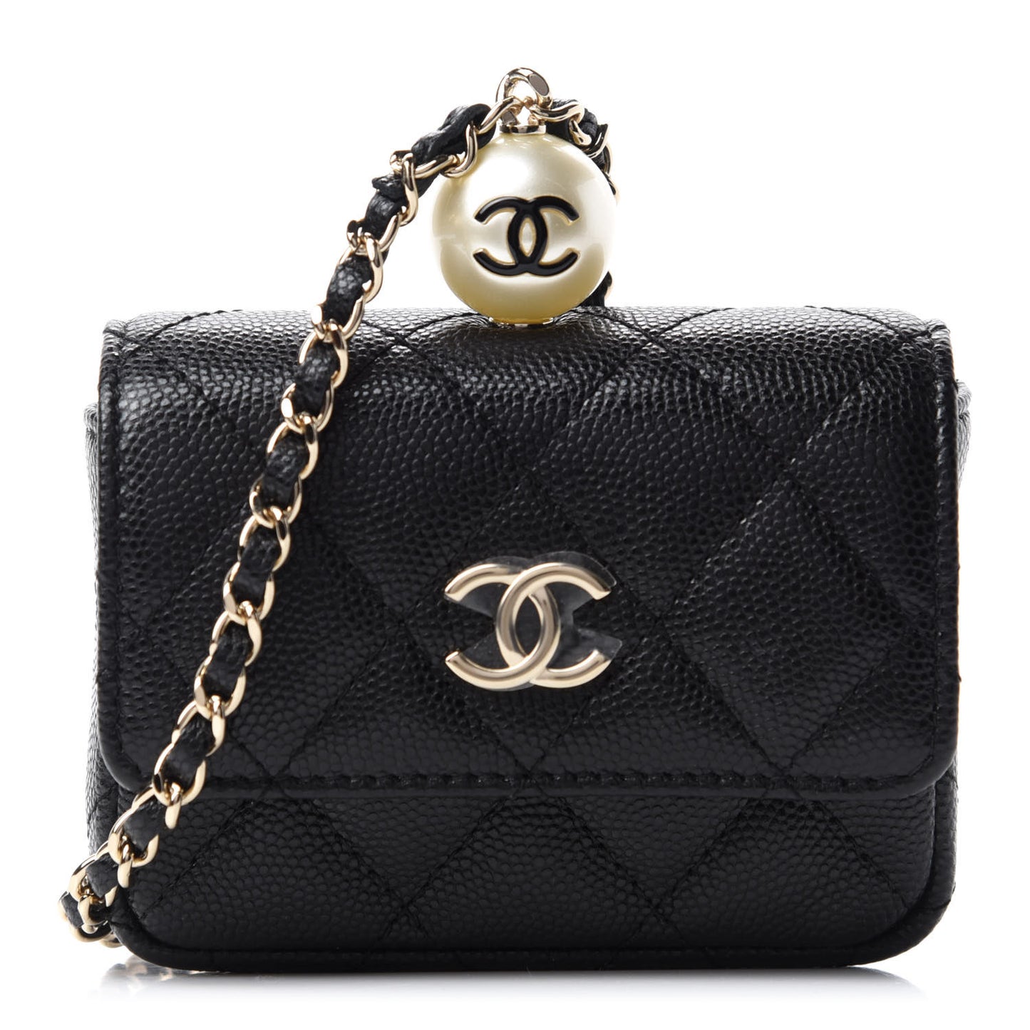 Caviar Quilted Pearl Card Holder On Chain Black