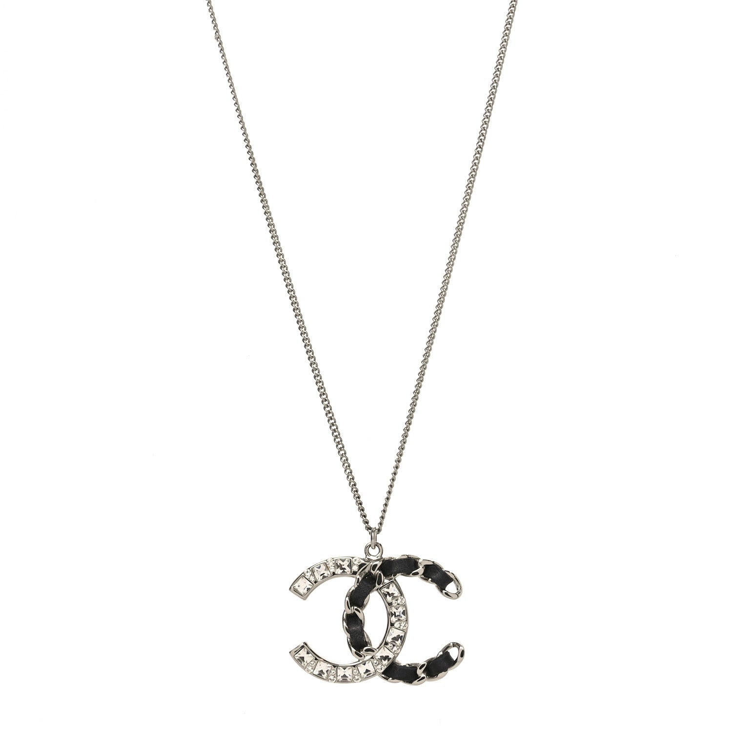 Chanel Lambskin Baguette Crystal CC Necklace Black Silver 1 of 4