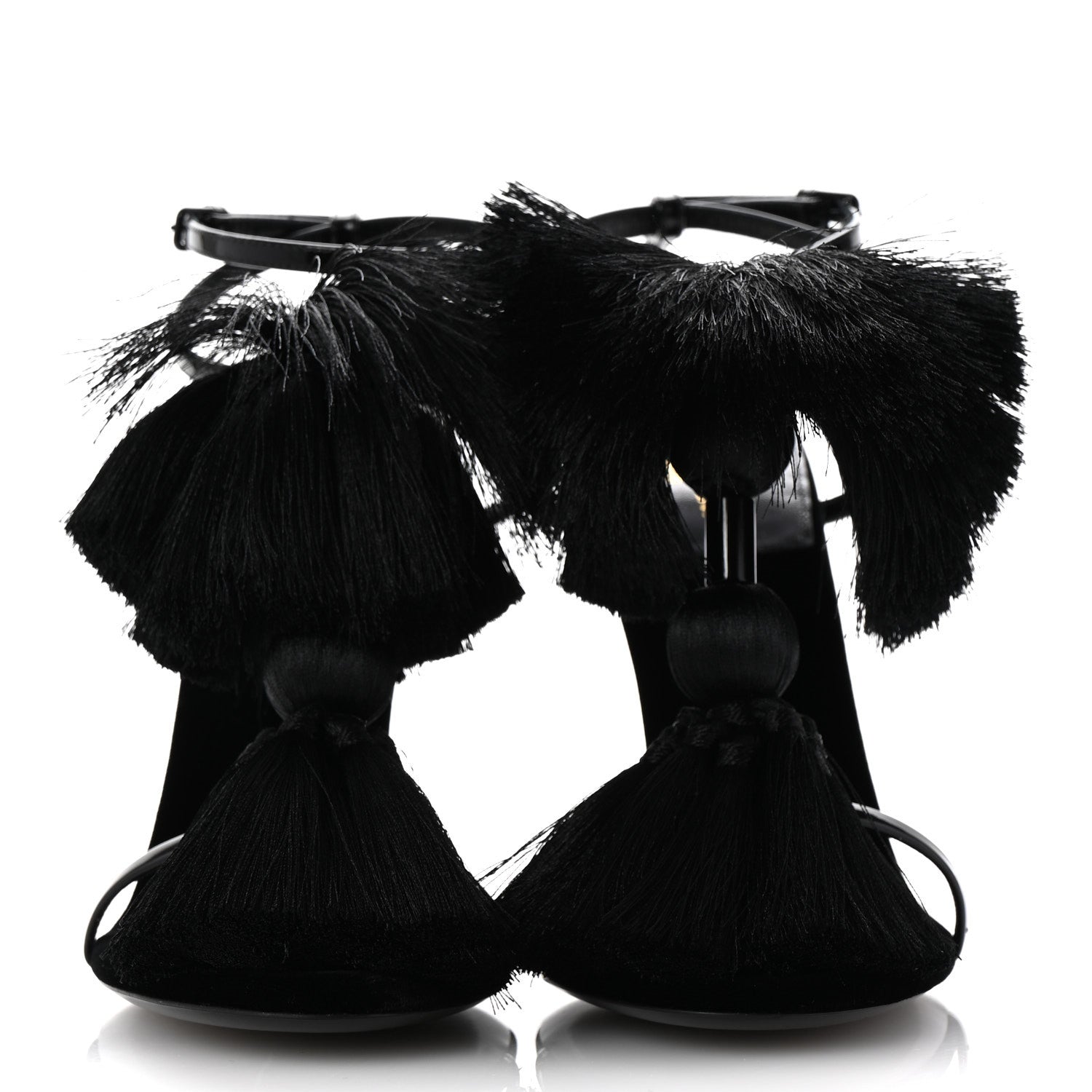 Saint Laurent Vernice Chiffon Tassel Embellished Pierre Pon Pon 110 Sandals 38.5 Black 3 of 9